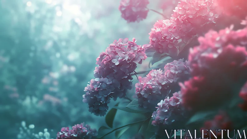 Pink hydrangea blossoms drift in a soft, dreamy atmosphere.