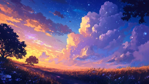 Twilight meadow road beneath star-kissed storytelling clouds.