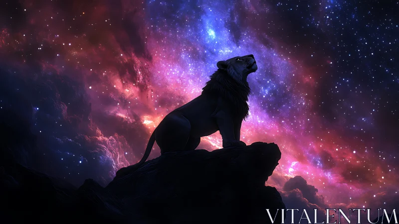 Starlit lion sentinel crowned by a roaring cosmic nebula.