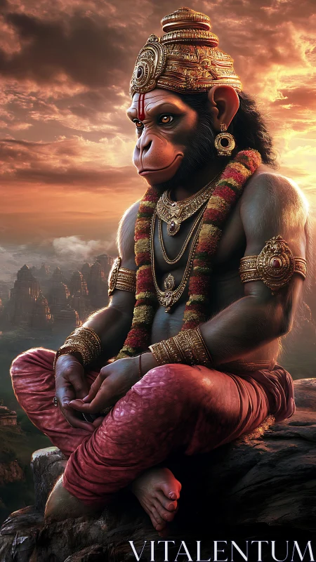 Divine simian warrior in meditative sunset profile pose.