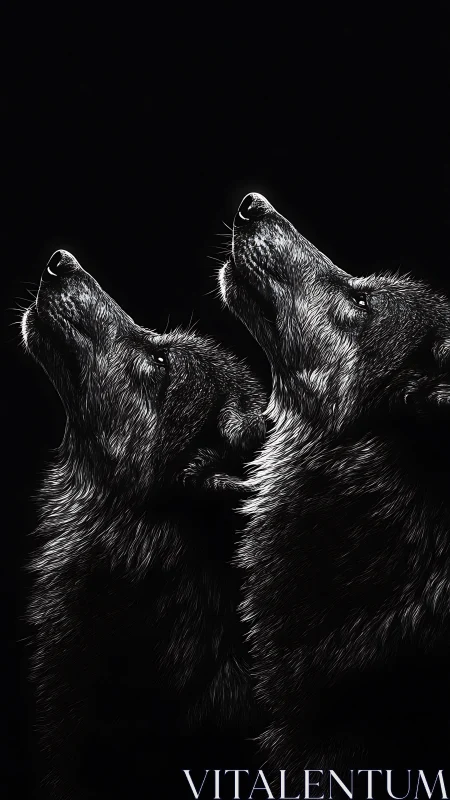 Dual wolf portrait in high-contrast monochrome profile lighting