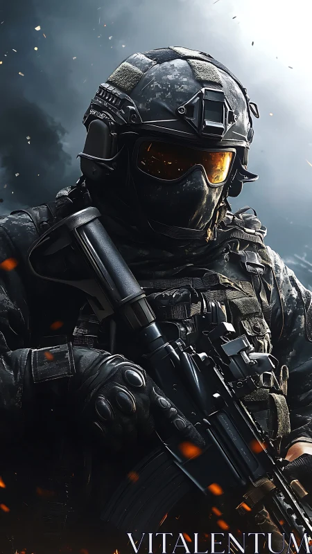 Heavily armed tactical soldier stands ready in burning battlefield