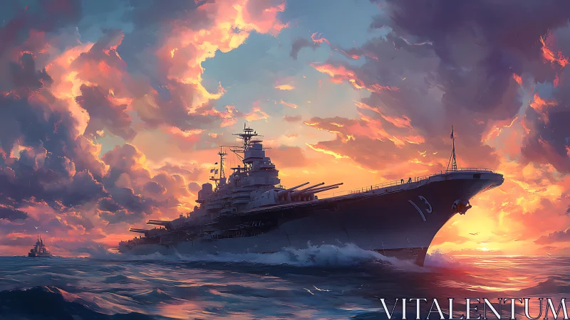 Large battleship moves across ocean surface at sunset