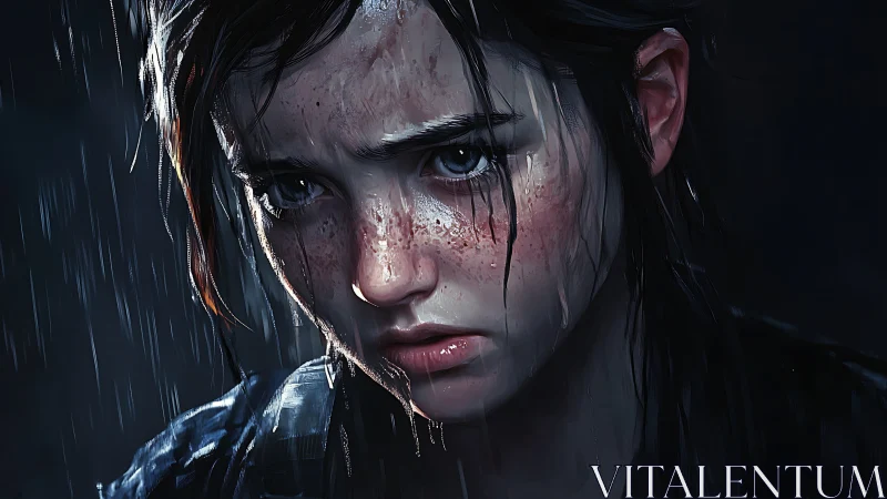 Brooding young survivor stands under rain in harsh light.