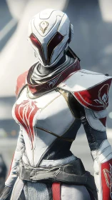 Armored humanoid figure in white and red futuristic combat suit.
