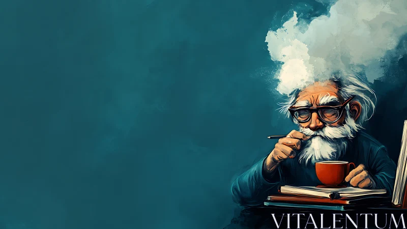 Stormcloud thinker sipping coffee in a teal silence.