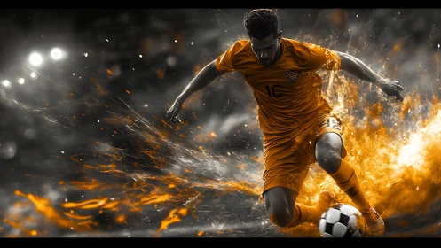 Soccer player in orange kit controls ball amid motion effects