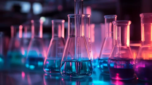 Glowing lab beakers filled with colorful liquid experiments.