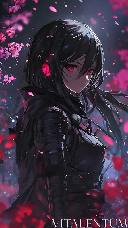 Cybernetic warrior in sakura storm with crimson optics.