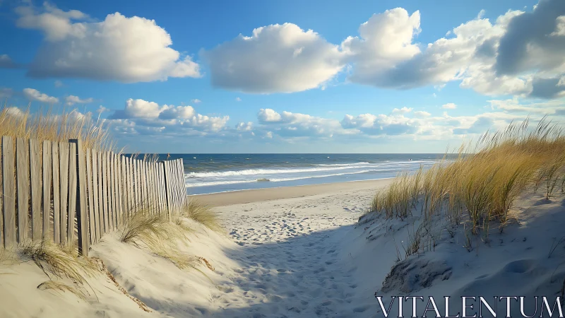 Coastal sand dunes with wooden fence and shoreline view.