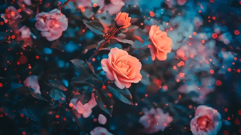 Digital Floral Composition With Coral Roses and Particle Effects.