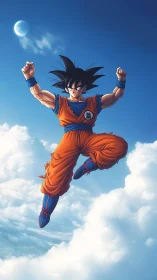 Saiyan warrior soars above luminous high altitude clouds.