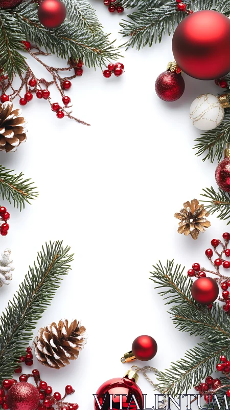 Cozy Christmas greenery with red ornaments and pinecones.
