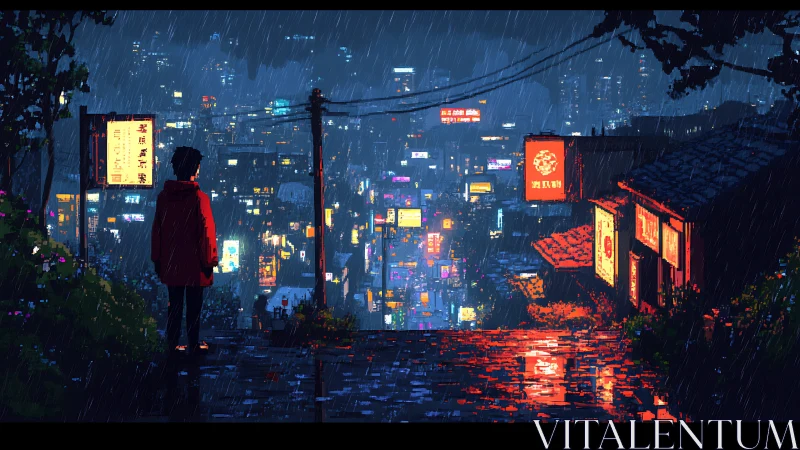 Solitary figure surveys neon-lit cityscape in nocturnal rain