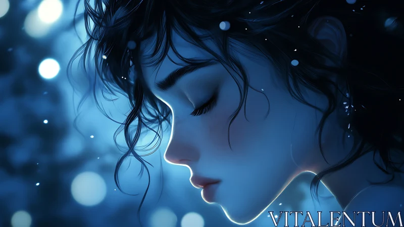 Blue-lit profile portrait captures serene winter silence.