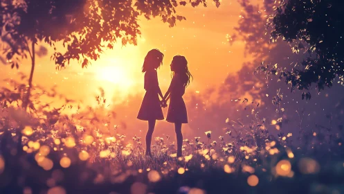 Backlit silhouettes of two girls holding hands in glowing field