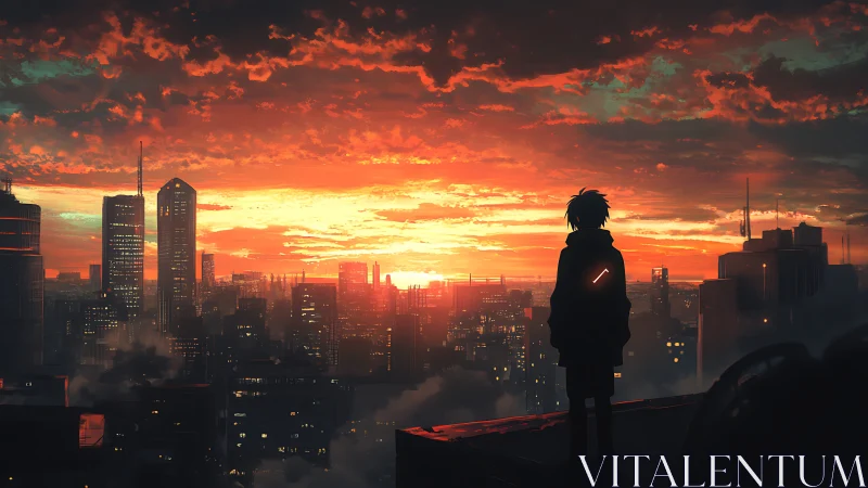 Silhouetted figure overlooks neon city at vivid sunset.