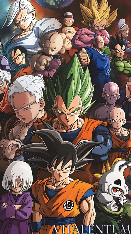 Group portrait of Dragon Ball Z fighters in battle poses.