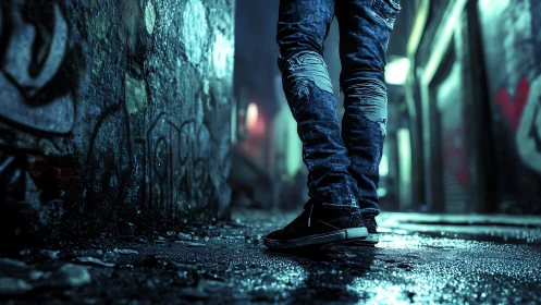 Cyberpunk alley portrait with low-angle urban street framing.