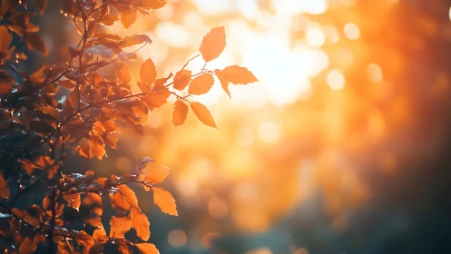 Orange leaves in sharp focus against intense sun bokeh