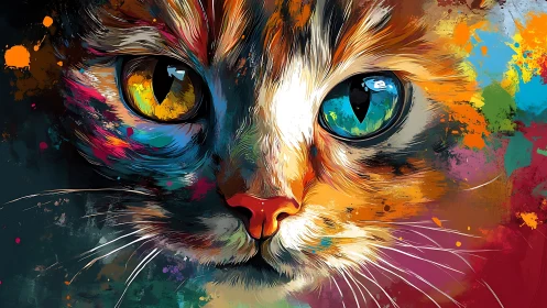 Chromatic Feline Portrait with Vibrant Ink Splatter Overlay. Contemporary Animal Artwork.