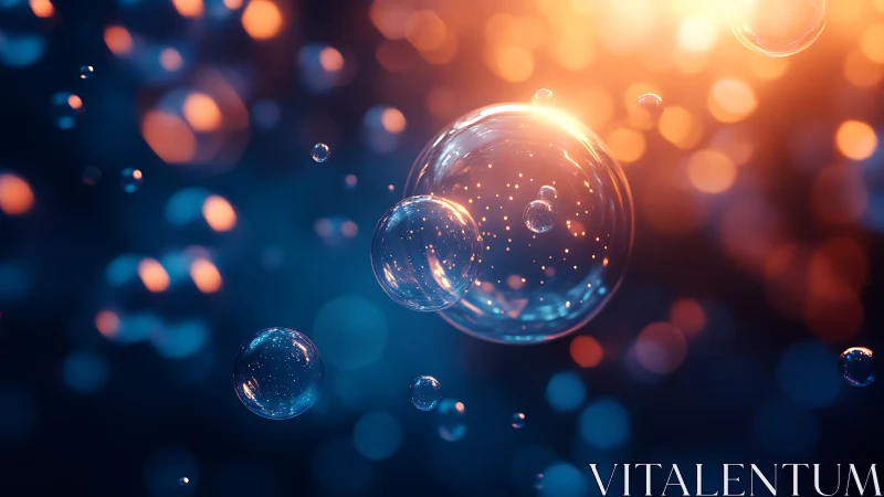 Floating translucent bubbles against blue and orange bokeh.