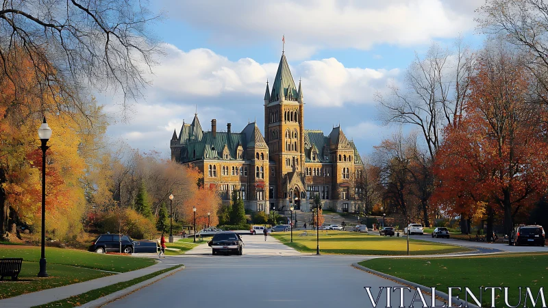Grand neo-gothic campus building framed by autumn park.