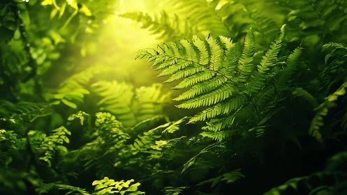 Backlit fern fronds display intricate pinnate foliage in bokeh light