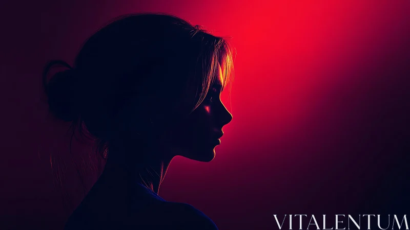 Silhouetted woman profile in vivid red backlight glow.