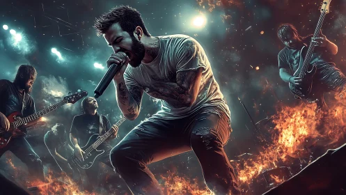 Metal vocalist leads fiery stage performance amid flames.