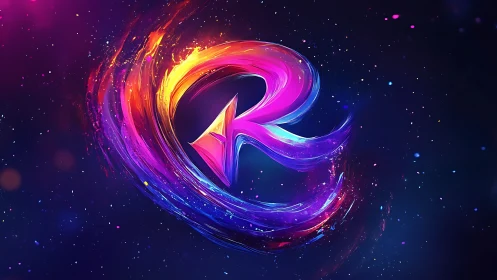 Neon letter R glows inside swirling cosmic paint ring