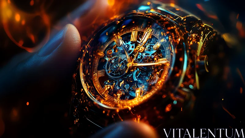 Macro view of illuminated skeleton wristwatch mechanism.