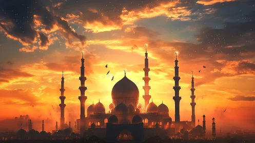 Sunset sky behind domed mosque and tall minarets.