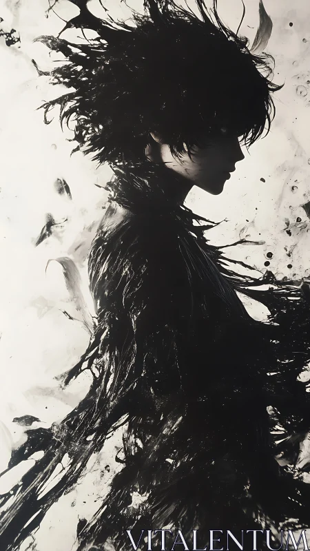 Silhouetted ink figure dissolves into dynamic abstract splashes