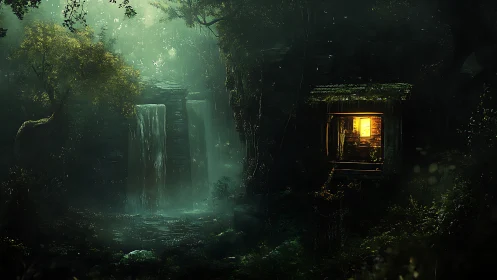 Hidden forest cabin glows beside misty twin waterfalls at dusk