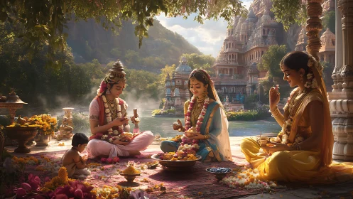 Hindu figures seated in ritual scene near riverside temple.