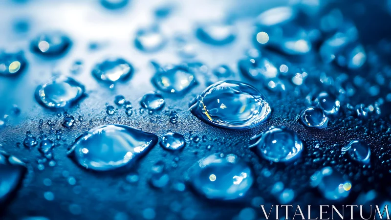 Macro view of water droplets on smooth blue surface.