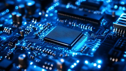 Central microprocessor on illuminated blue circuit board in focus