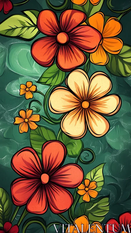 Digital vector floral composition with bold outlines, warm color palette