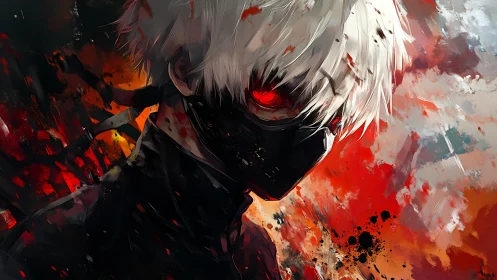 Masked white-haired antihero within splattered crimson chaos.