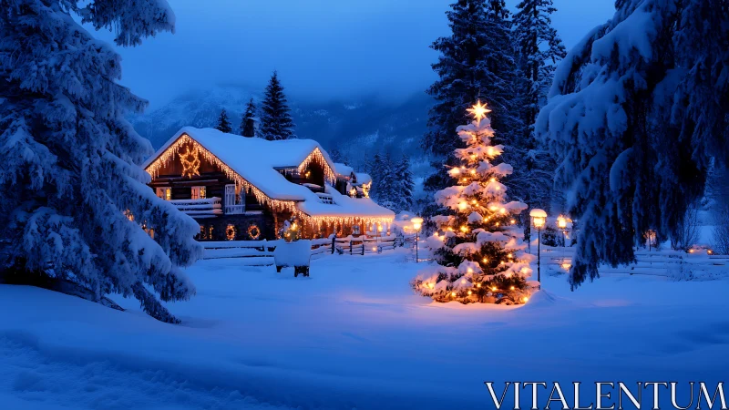 Snowy mountain chalet with glowing Christmas lights at dusk.
