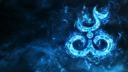 Luminous blue flame sigil swirls through dark vapor field.