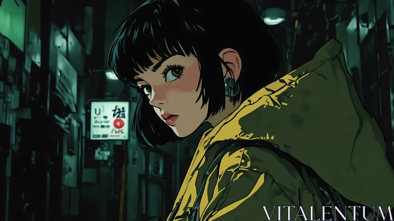 Neon alley portrait of short haired woman in yellow parka coat