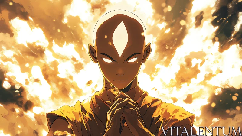Bald monk concentrates amid intense surrounding flames