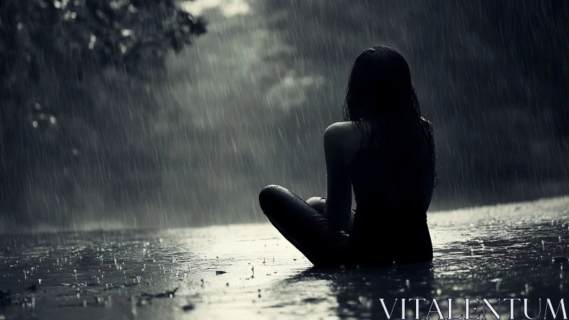 Solitary woman sits in heavy rain, lost in quiet reflection.