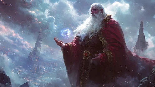 Elder mage studies arcane sphere amid storm-swept spires