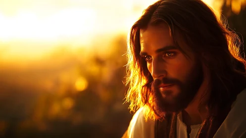 Bearded long haired man in warm sunset side lighting profile.