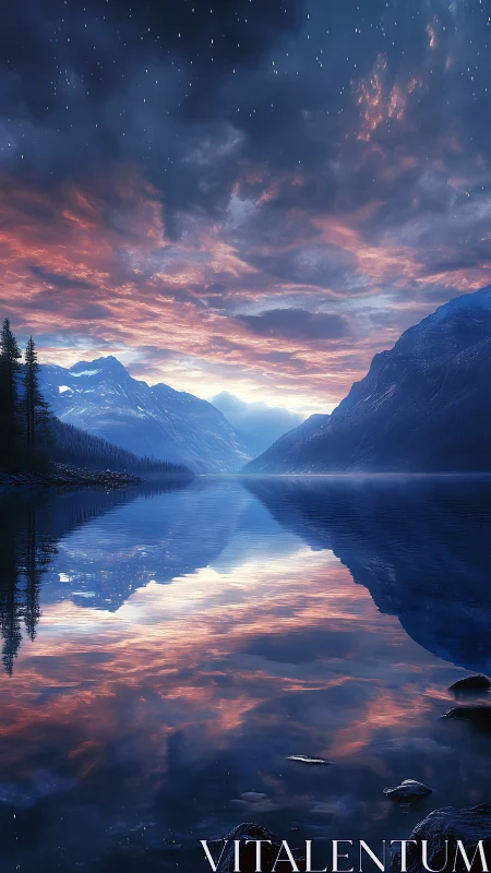 Twilight mountain lake mirrors luminous rose and indigo sky.