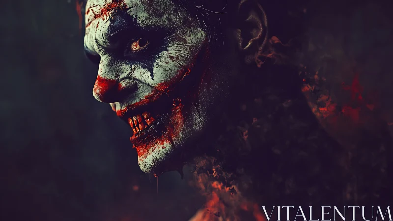Grim clown portrait with smeared makeup in dark profile view.