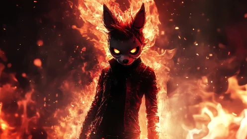 Anthropomorphic fox-masked figure emerges from infernal flames